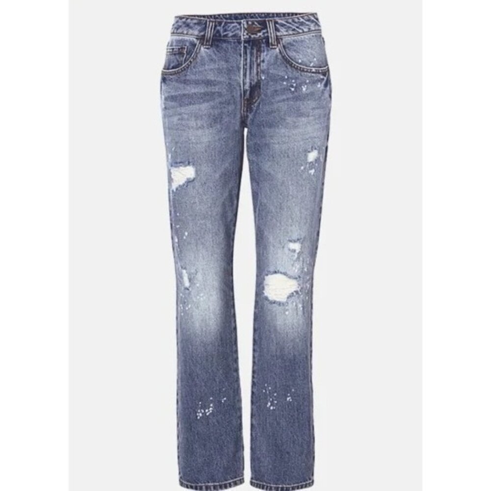 Cabi Distressed Denim Distressed Splatter Tapered leg medium wash Size 2